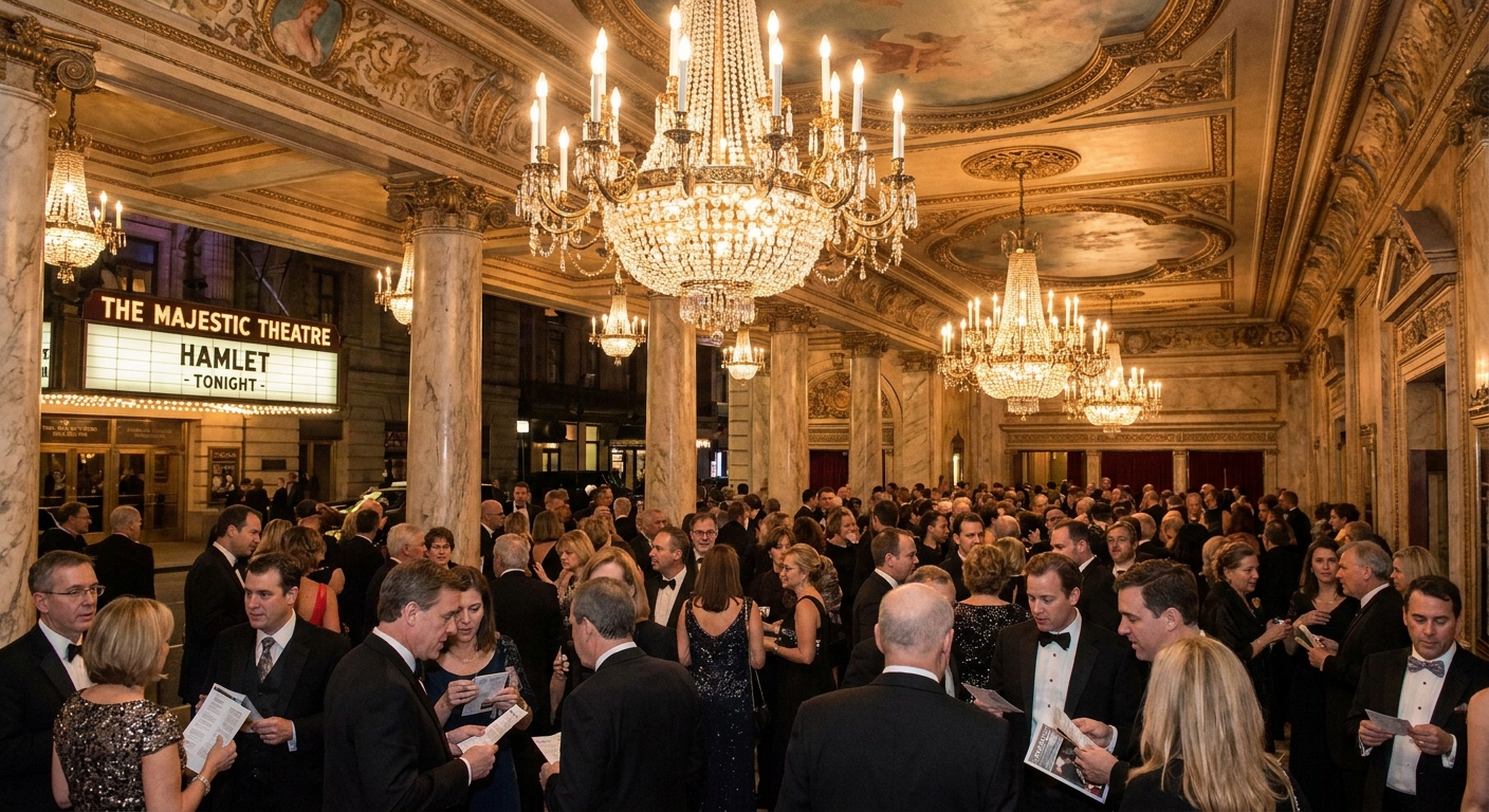 An evening crowd in a historic theater lobby holding tickets and programs near ornate chandeliers