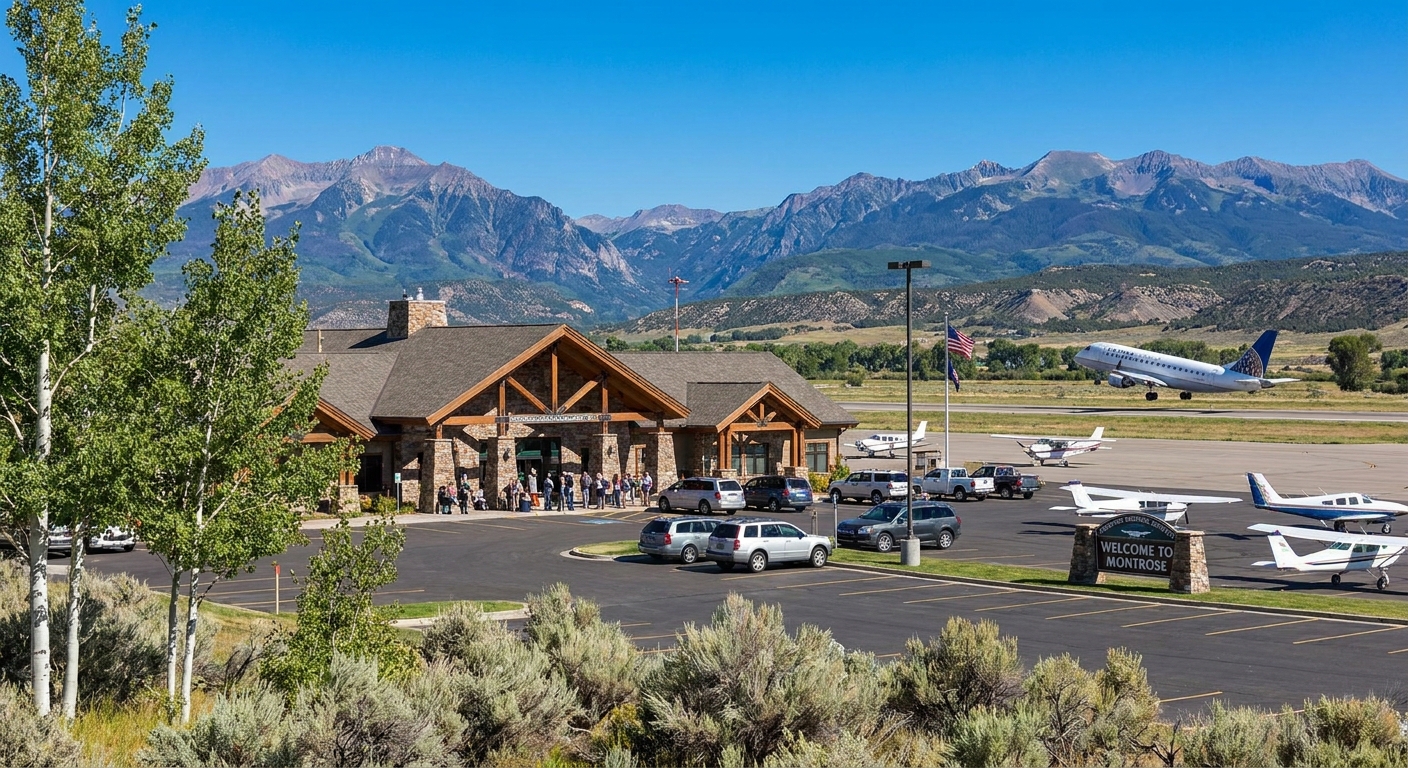 An exterior view of Montrose Regional Airport in Colorado, showing the terminal area and runway environment in daytime.