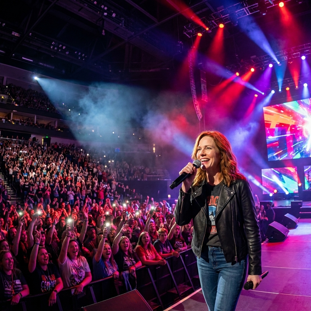 An indoor arena concert with dramatic stage lighting, a large LED backdrop, and a wide crowd shot showing the lower bowl and floor sections