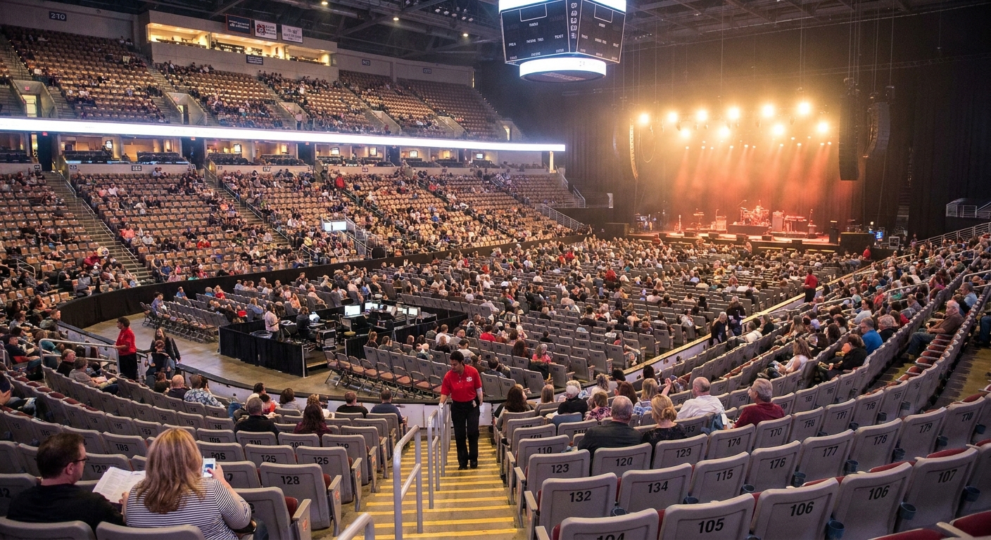 An indoor arena with rows of numbered seats facing a brightly lit stage, audience members finding their assigned places before the show