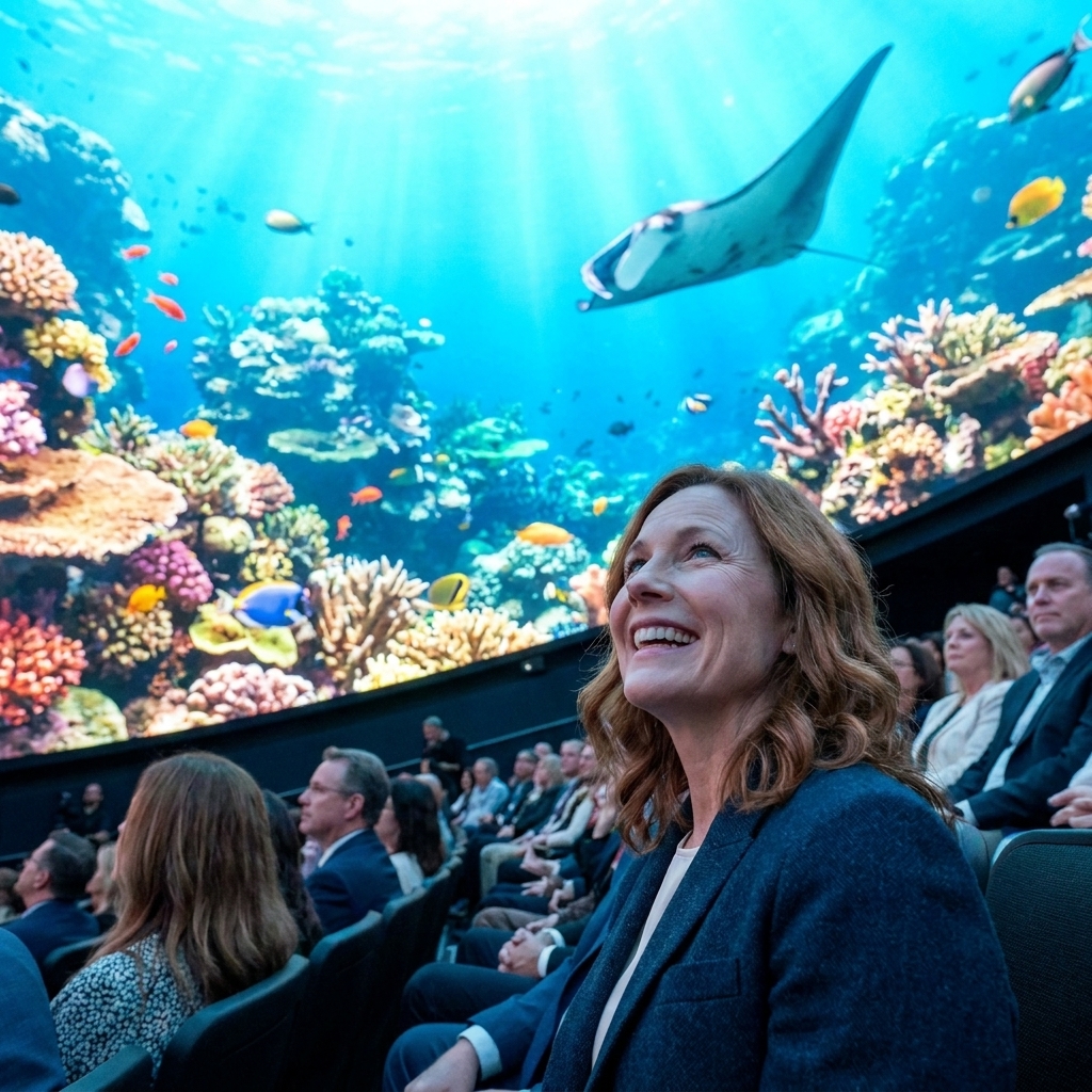 An interior view of the Las Vegas Sphere with a massive curved screen surrounding seated audience members in vivid immersive visuals