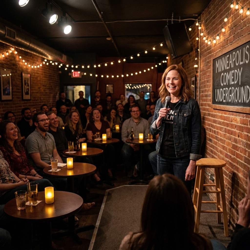 An intimate comedy club room in Minneapolis with small candlelit tables facing a low stage with a stool and microphone
