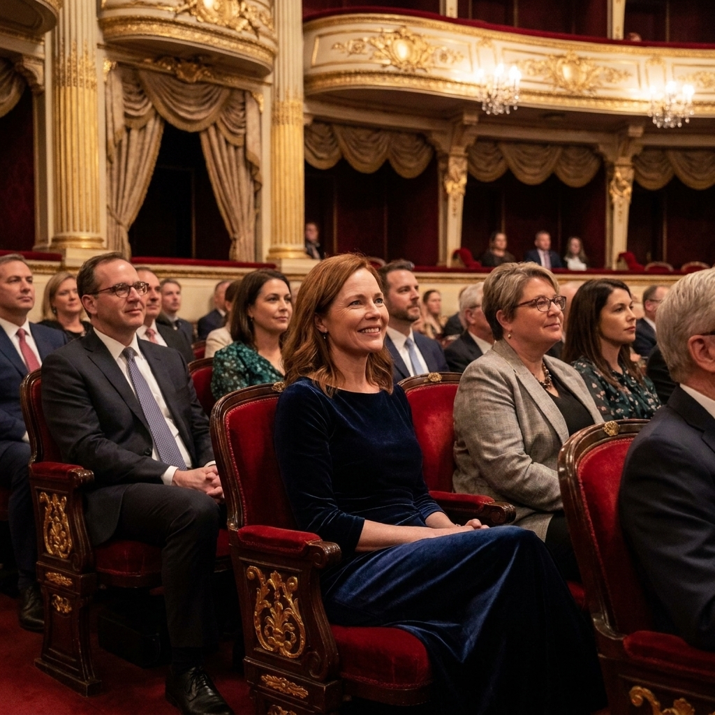 An opera audience seated in a historic theater, wearing a mix of suits, dresses, and smart casual outfits