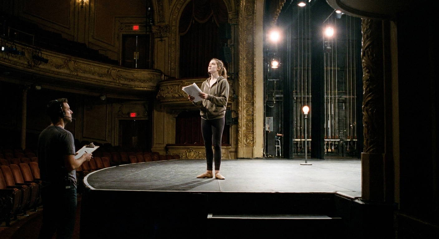 An understudy in rehearsal clothes standing on an empty stage under work lights, holding a script while a stage manager watches from the house.