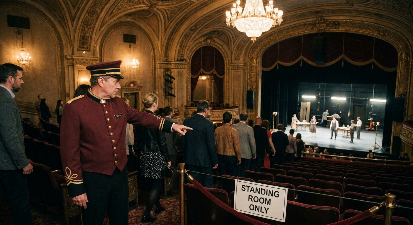 An usher inside a traditional proscenium theater pointing guests toward a designated standing area behind the last row, with the stage visible in the distance