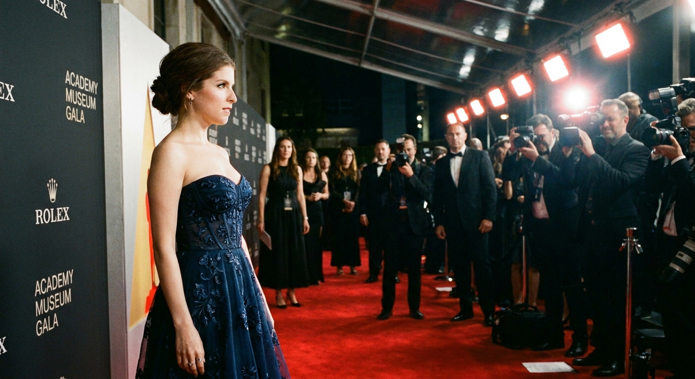 Anna Kendrick posing at the Academy Museum Gala step-and-repeat, wearing a formal gown and styled hair, photographed under red carpet lighting
