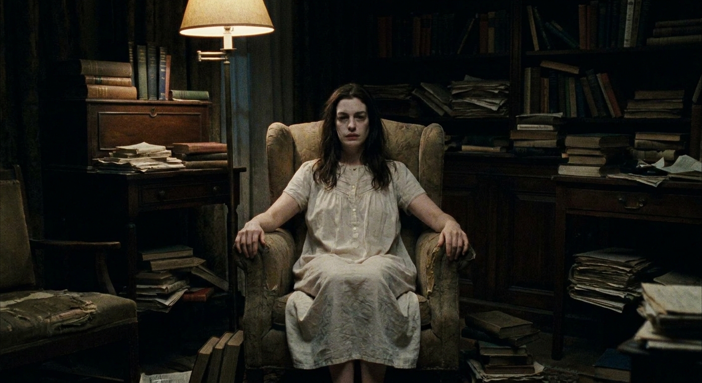 Anne Hathaway as Verity Crawford seated indoors in a dimly lit room, her expression unreadable.