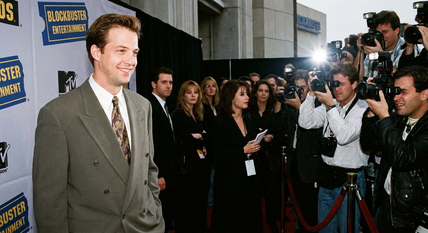 Anthony Edwards at a 1990s entertainment industry event, dressed formally, facing photographers.