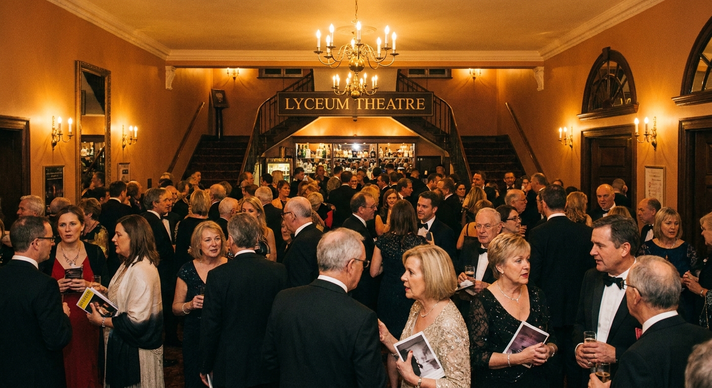 Audience members chatting in a theater lobby under warm lights before a performance