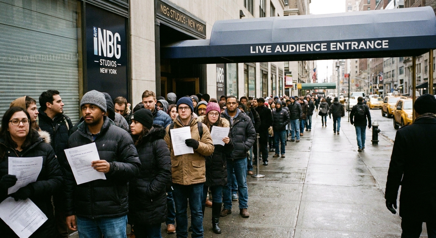 Audience members holding printed confirmation emails while lining up along a sidewalk outside a New York television studio