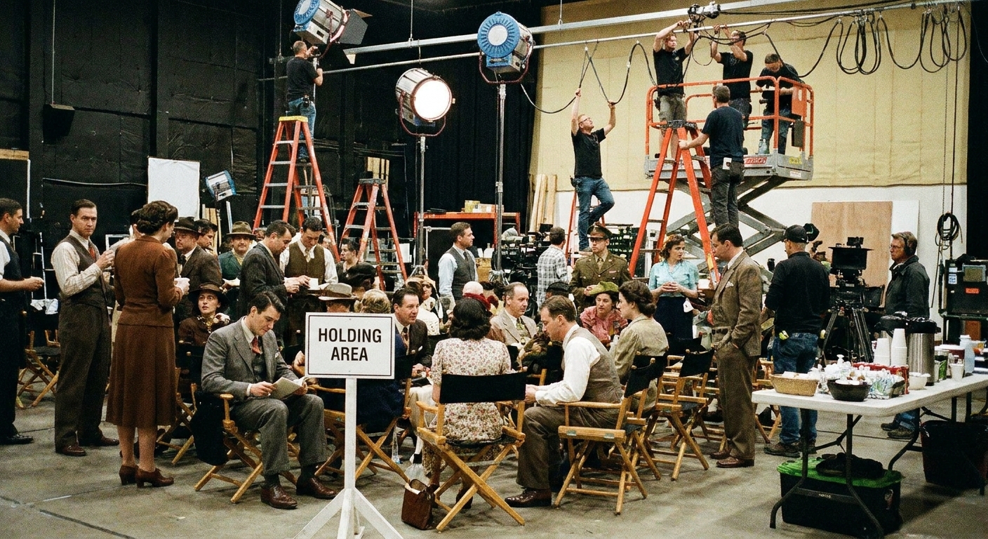 Background actors wait near holding chairs while crew members adjust set lights.
