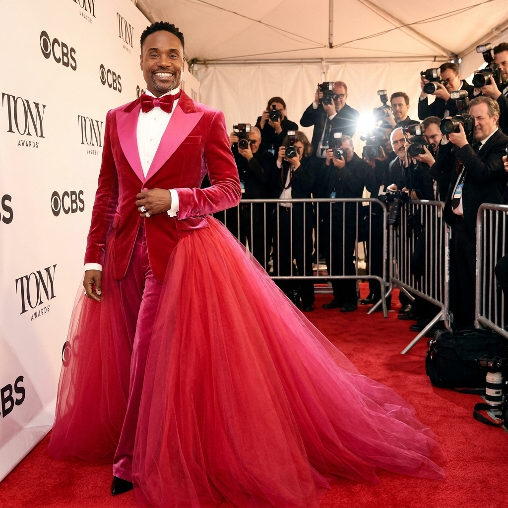 Billy Porter at the 2019 Tony Awards wearing a dramatic red and pink custom gown, posing confidently on the red carpet as photographers capture the look