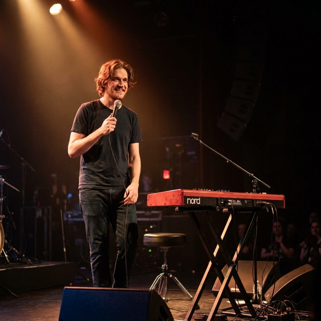 Bo Burnham onstage under dramatic lighting, holding a microphone with a keyboard and stage equipment nearby, framed like a concert performance