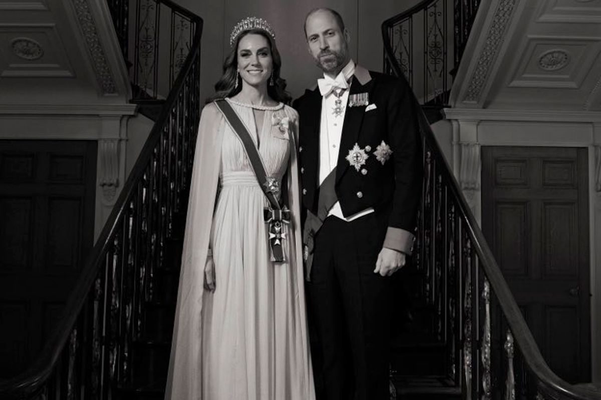 Catherine, Princess of Wales, posing for a formal portrait in an elegant evening gown and royal jewelry in a palace setting, news photography style