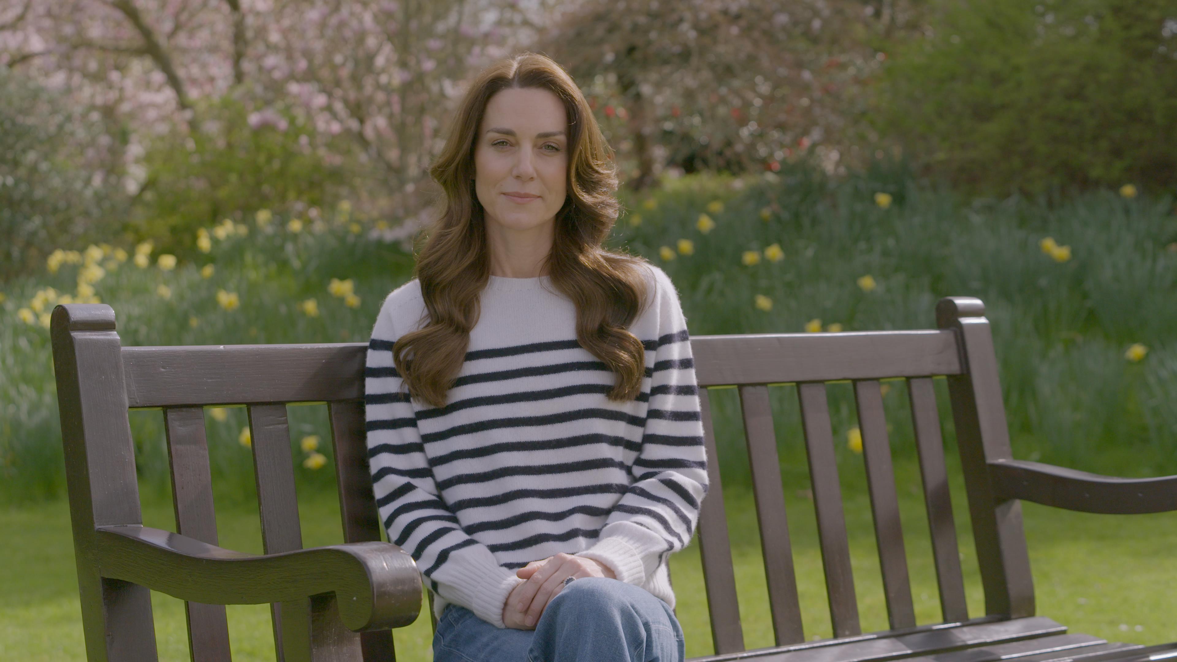 Catherine, Princess of Wales, seated outdoors delivering a calm public statement about her health