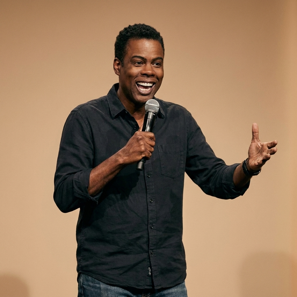 Chris Rock on a minimalist stage holding a microphone, captured mid-gesture with an expressive face as he addresses an unseen audience