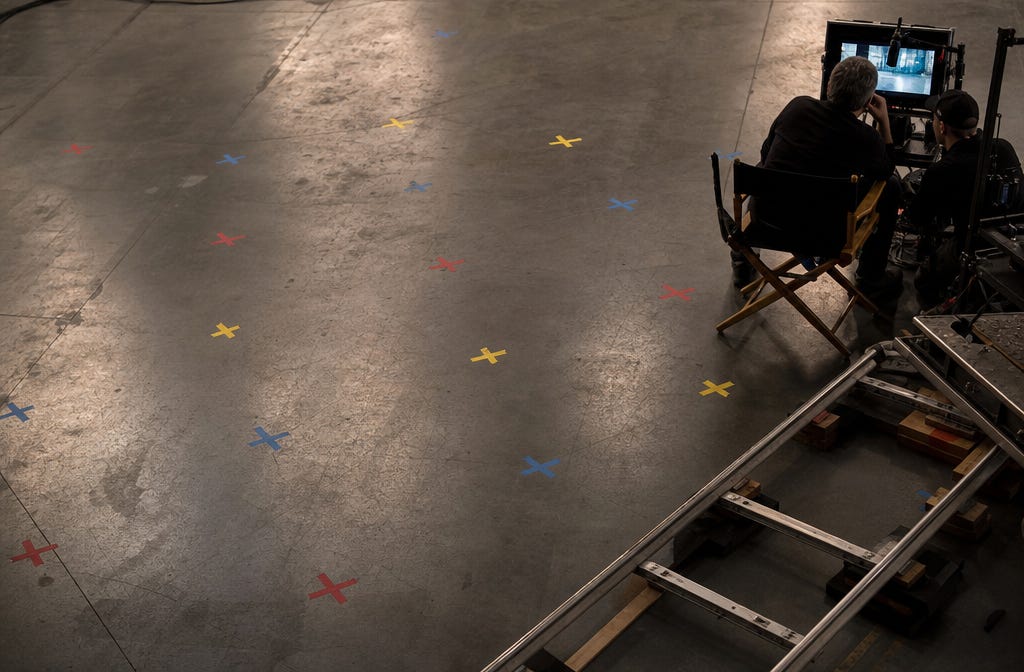 Close view of a film set floor with colored tape marks and a stand-in's shoes positioned precisely on a mark while crew members work nearby
