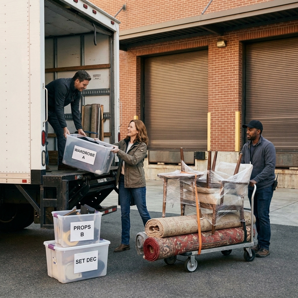 Crew members loading labeled bins, rolled rugs, and furniture onto a box truck outside a studio loading dock