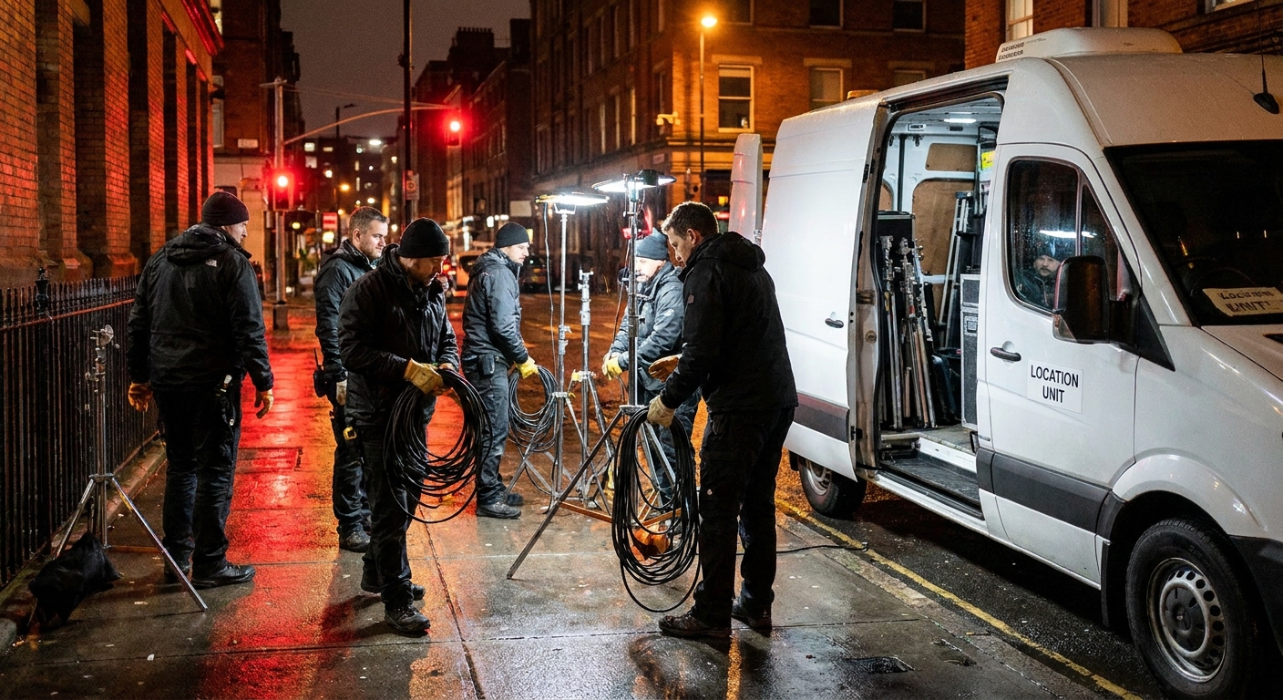 Crew members packing light stands and coiling cables at night on a city street film shoot while a production van waits nearby