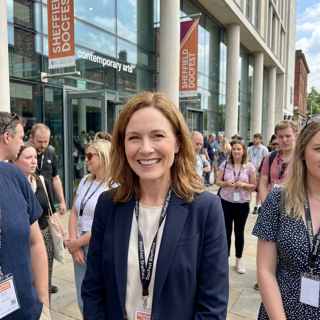 Crowds gathering outside a modern arts venue in Sheffield during DocFest, with summer daylight and festival banners near the entrance