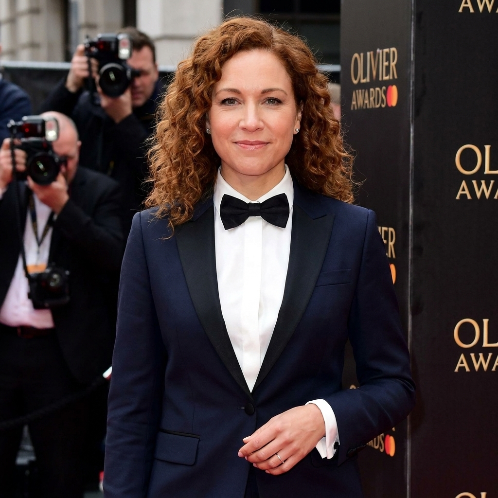 Cush Jumbo at the 2019 Olivier Awards wearing a sharply tailored look, styled with minimal accessories as she poses calmly for photographers