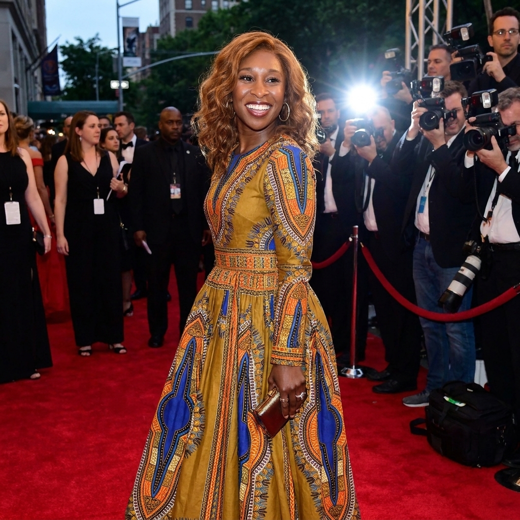 Cynthia Erivo on the 2016 Tony Awards red carpet wearing a bold patterned floor-length look, standing tall and smiling as cameras flash