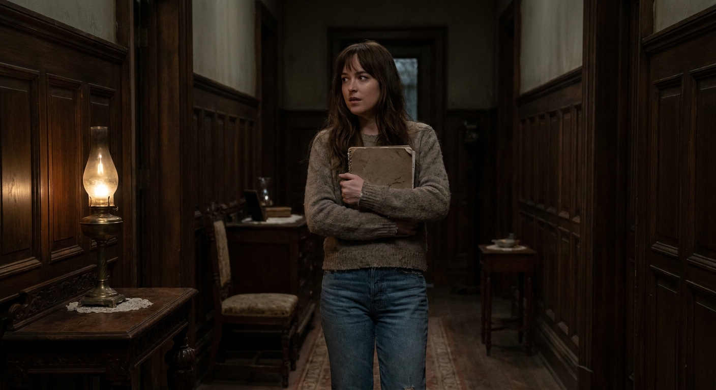 Dakota Johnson as Lowen Ashleigh standing in a shadowy hallway inside the Crawford home, tense and alert.