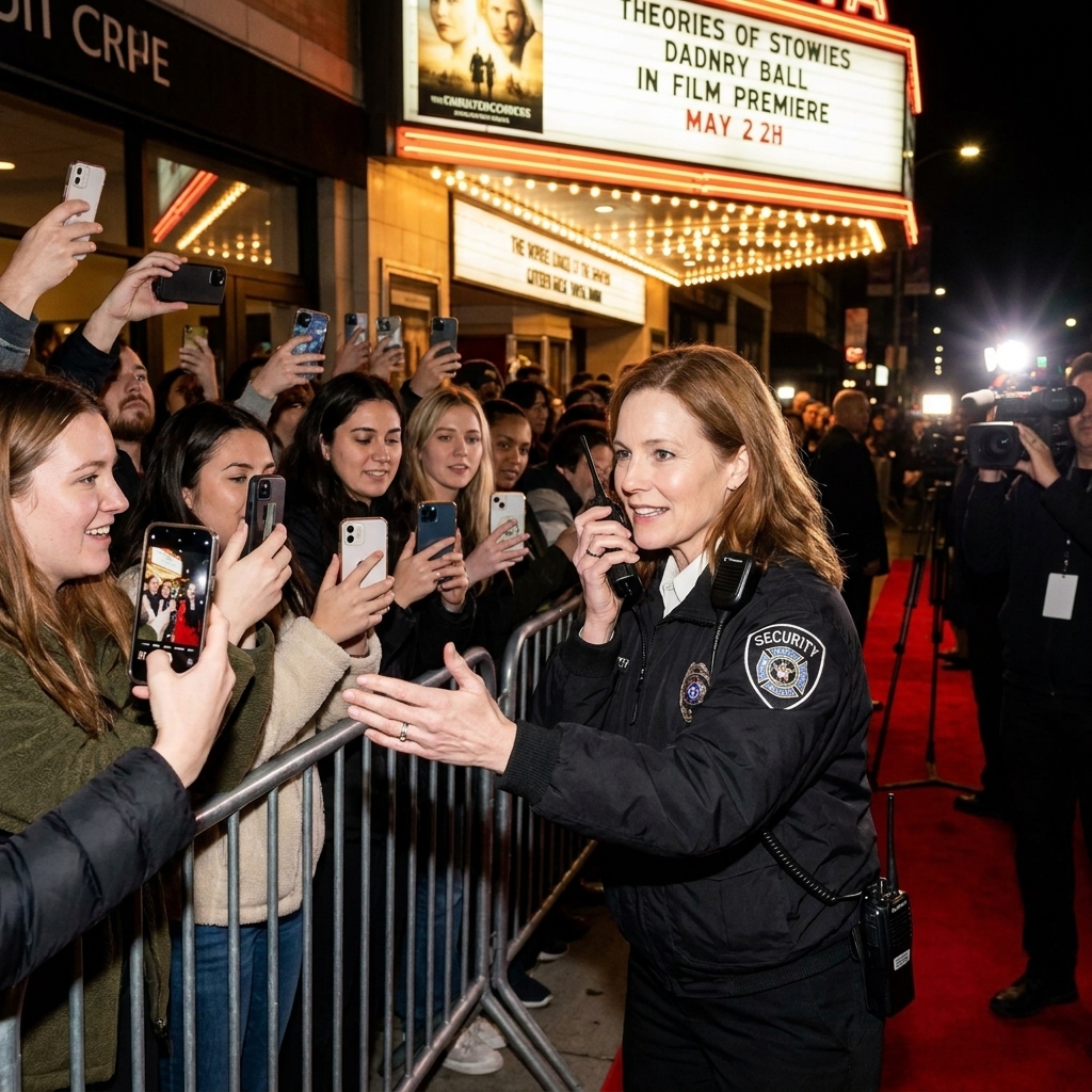 Fans gathered behind metal barricades outside a cinema at night, holding phones up as security staff manage the crowd