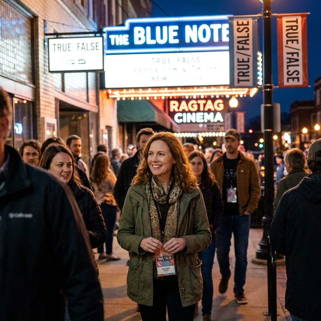 Festival attendees walking through downtown Columbia, Missouri during True/False, with venue signs and an evening crowd heading to screenings