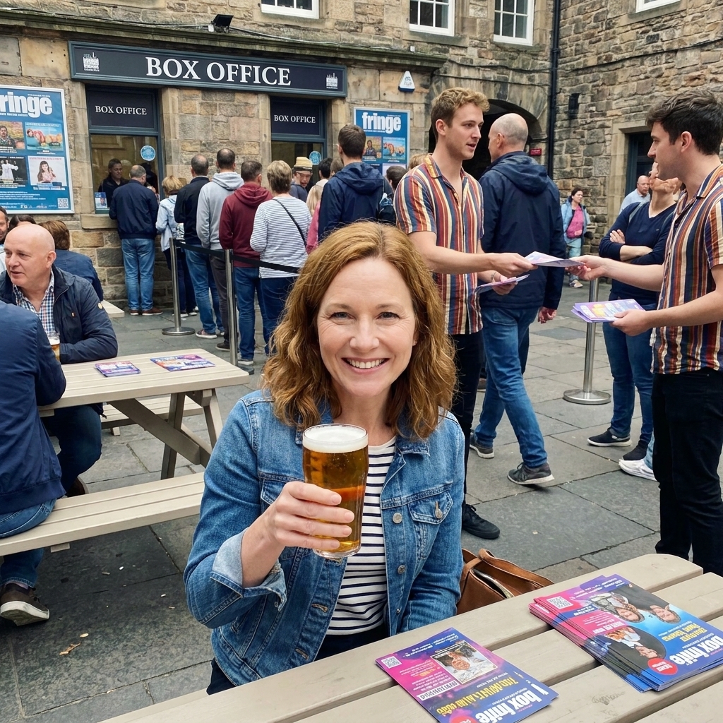 Festivalgoers sitting outdoors in a busy courtyard at a Fringe venue in Edinburgh, with people queuing near box office windows and performers handing out flyers