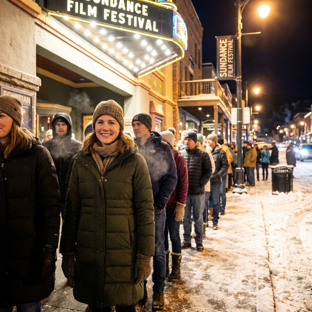 Festivalgoers standing in a bundled line outside a theater in Park City, Utah, with snow on the sidewalks and bright venue lights