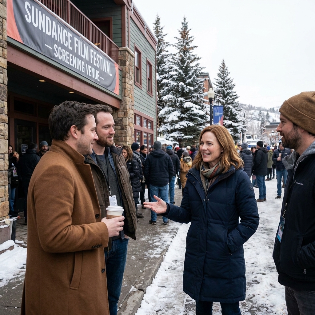 Filmmakers in winter coats talking outside a Park City screening venue during the Sundance Film Festival with snow on the sidewalk
