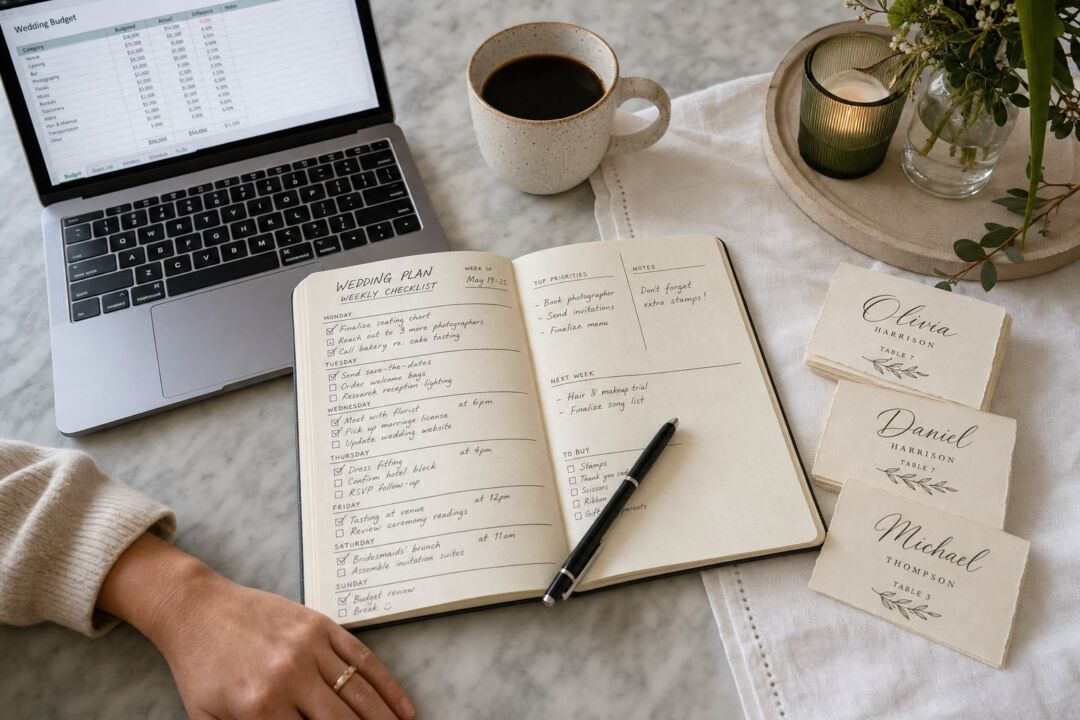 Flat-lay of a wedding planning notebook with checklist, calendar, and pen beside a small bouquet and fabric swatches, suggesting early-stage planning.