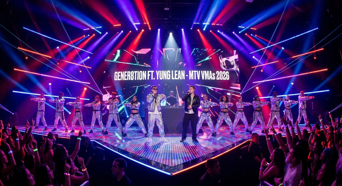 GENER8TION featuring Yung Lean performing onstage at the 2026 MTV Video Music Awards, surrounded by dancers in a tightly synchronized routine under bold concert lighting