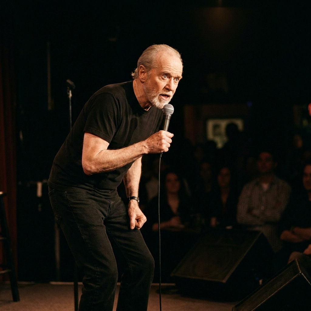 George Carlin onstage in a dark venue, wearing a black outfit, gripping a microphone and leaning forward as if punctuating a point