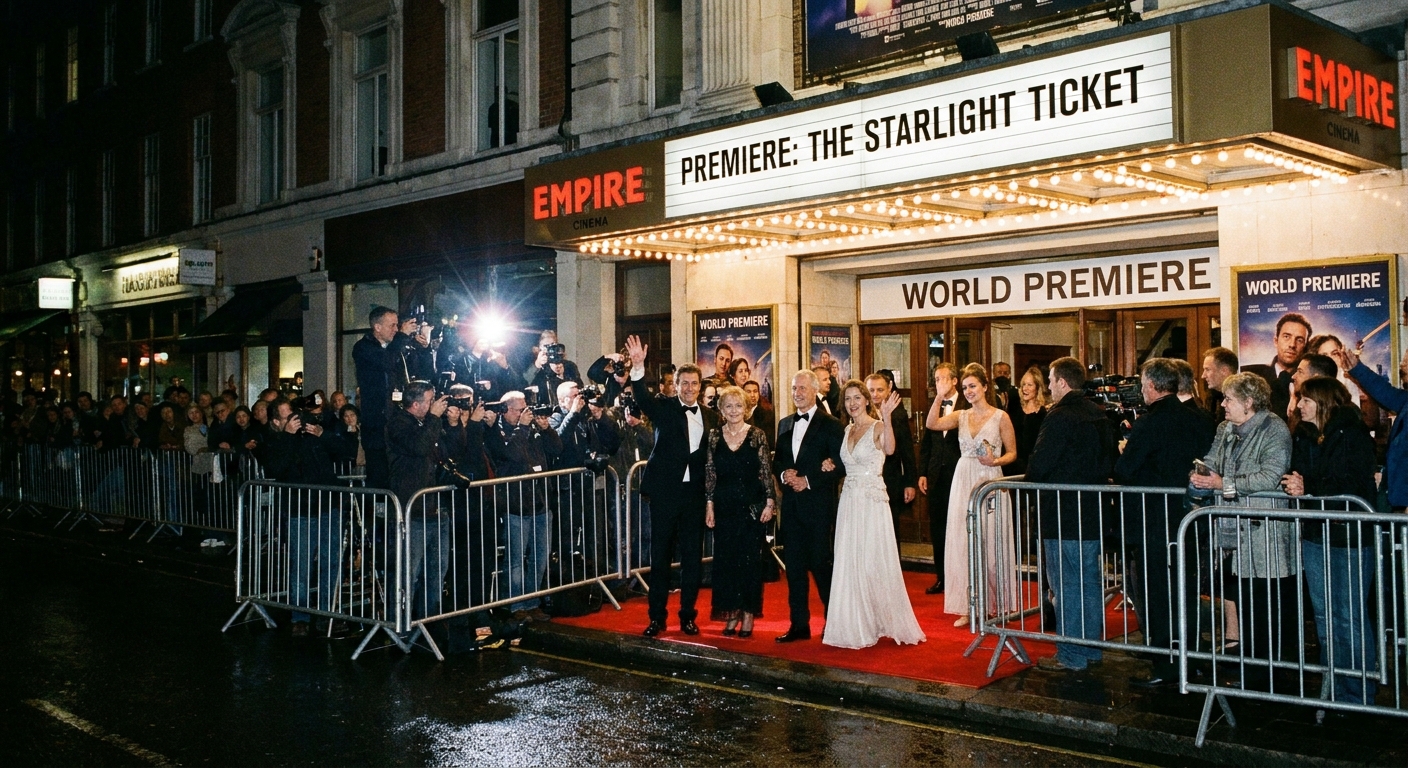 Guests arriving on a red carpet outside a cinema entrance at night, photographers behind barricades and premiere signage visible in the background