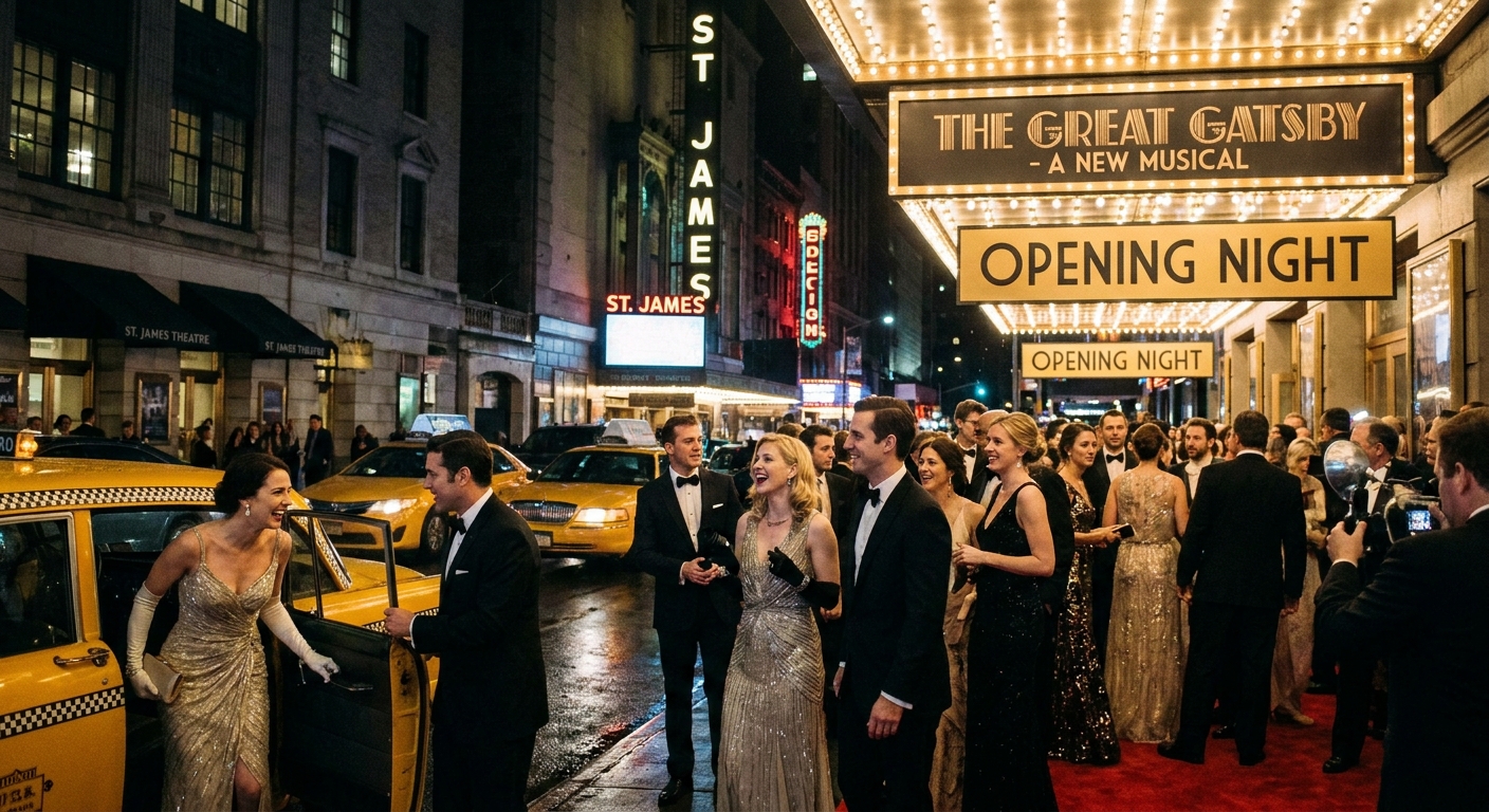 Guests in cocktail attire arriving outside a brightly lit Broadway theater marquee at night