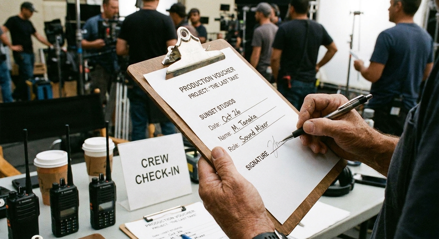Hands holding a production voucher on a clipboard at a check-in table, with a pen poised to sign