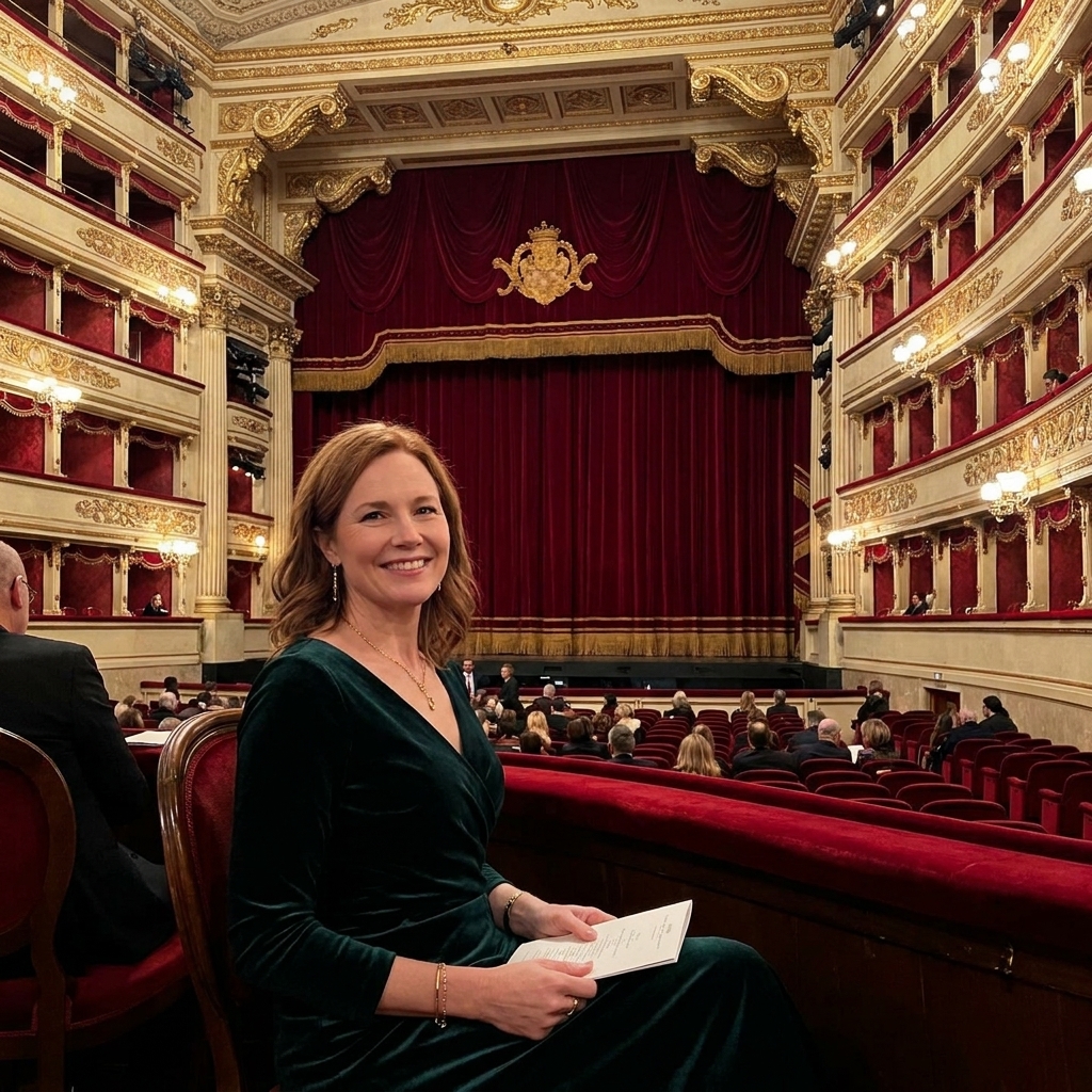 Iconic Italian opera house interior with red velvet balconies and gold detailing, seen from the orchestra level facing the stage