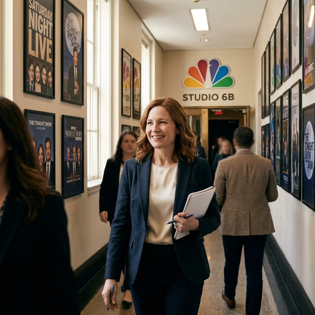 Inside Rockefeller Center, a corridor with NBC signage and studio branding leading toward production areas