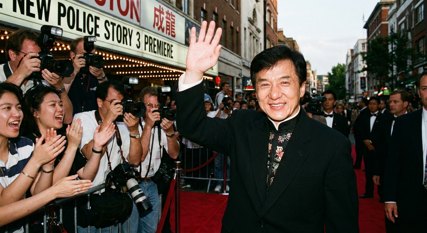 Jackie Chan at a film premiere, waving to fans while standing near photographers, captured in a crisp event photograph