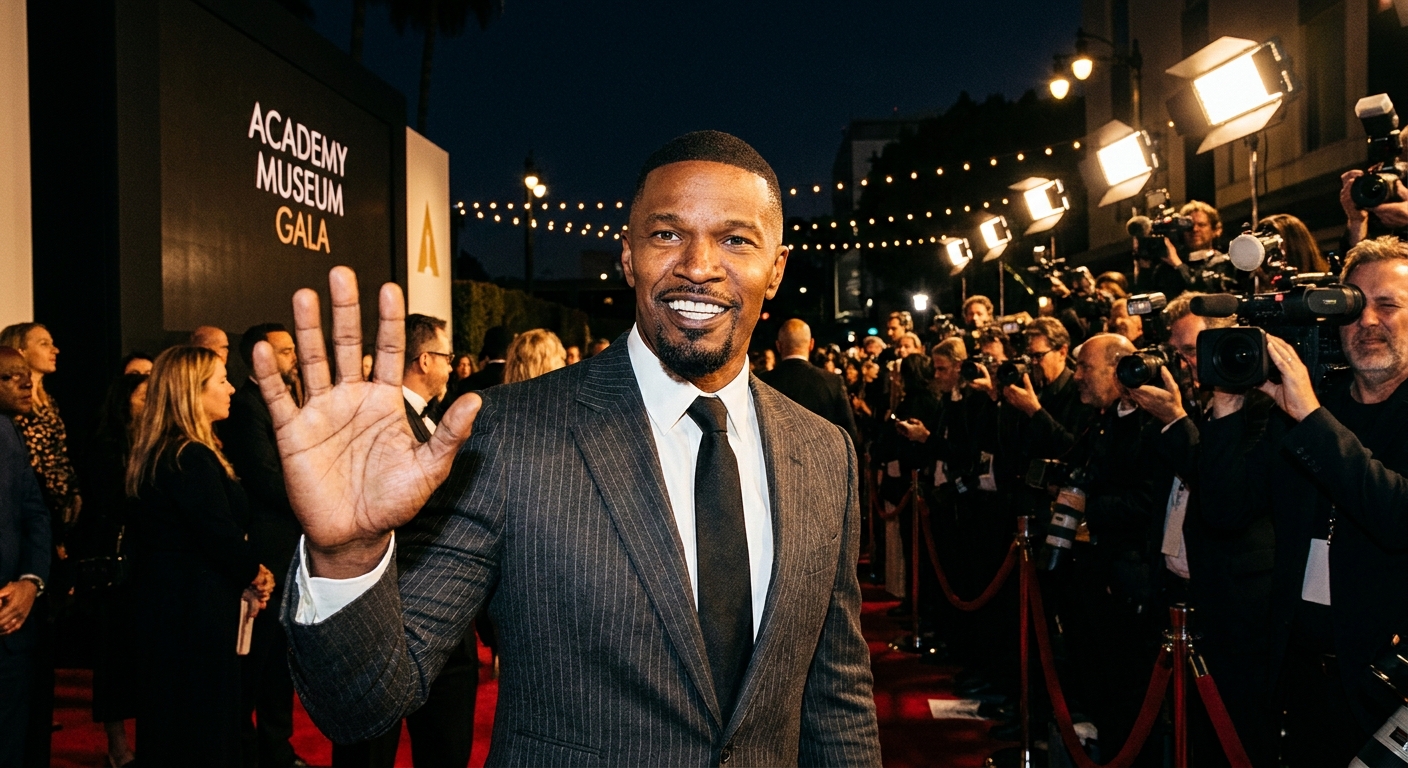 Jamie Foxx attending a public event, photographed in a sharp, dramatic lighting setup suitable for entertainment coverage
