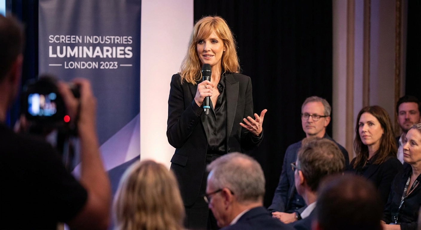 Kelly Reilly onstage at a London industry event, holding a microphone and speaking to an audience, event photography style