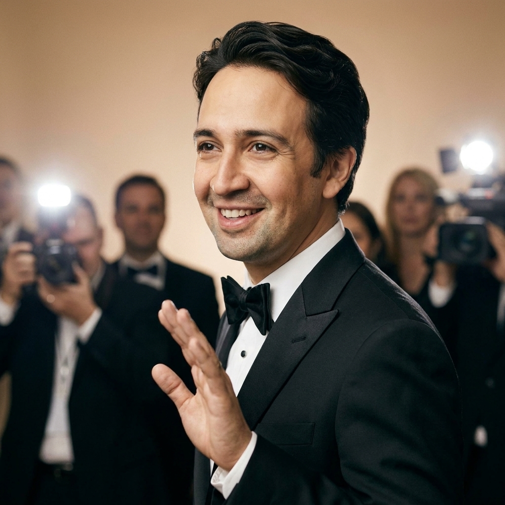 Lin-Manuel Miranda on the 2016 Tony Awards red carpet in a tailored suit, smiling as he greets photographers amid the crowd