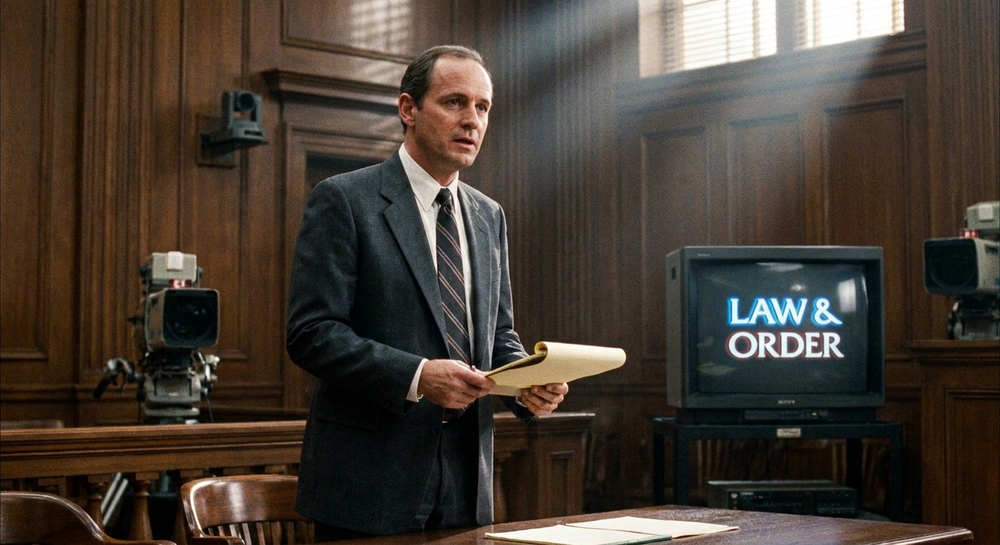 Michael Moriarty as Ben Stone on a courtroom-style television set, wearing a suit under dramatic interior lighting