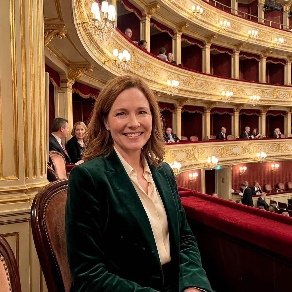 Ornate opera house interior with multiple balcony levels and warm lighting, viewed from a mid-level seat