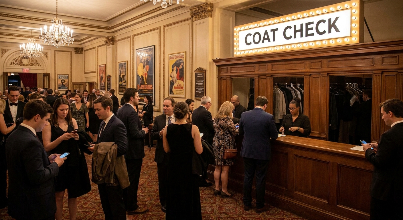 Patrons waiting in a theater lobby near a coat check counter before a performance