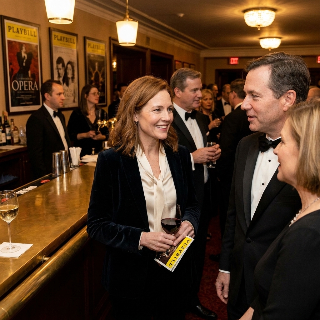 People standing at a theater bar during opera intermission with wine glasses and programs in hand