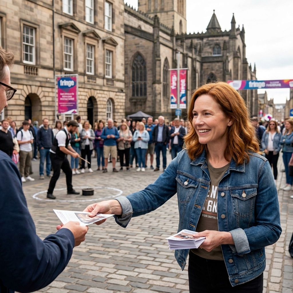 Performers handing out flyers on the Royal Mile in Edinburgh during the Fringe, with crowds moving between venues and street acts drawing a circle of onlookers