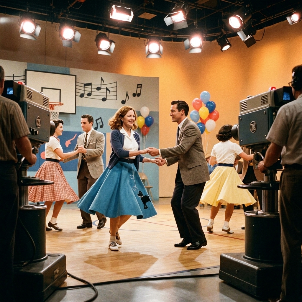 Performers in 1950s-style costumes dancing on a soundstage during a live television musical, with bright set lighting and moving cameras visible at the edge of frame